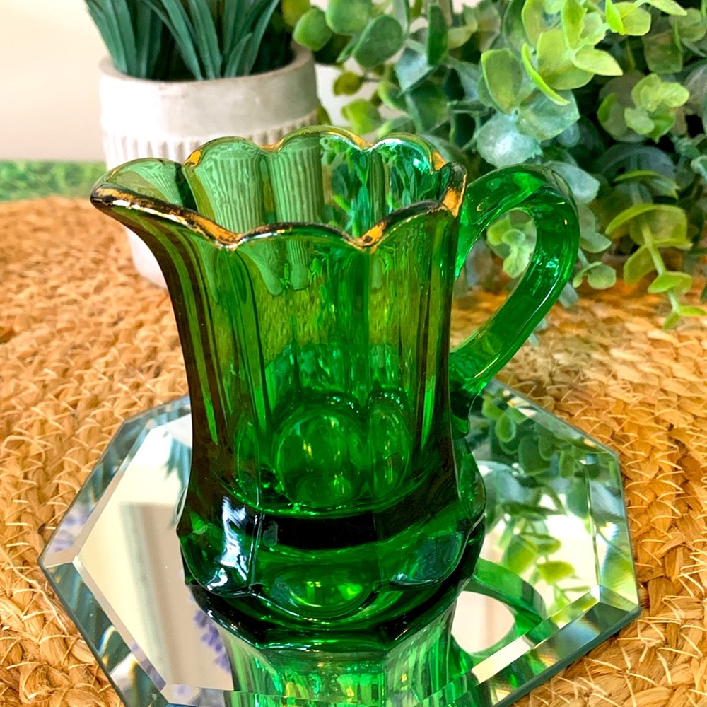 Antique 1896 green glass with gold detailing, small pitcher creamer, EUC